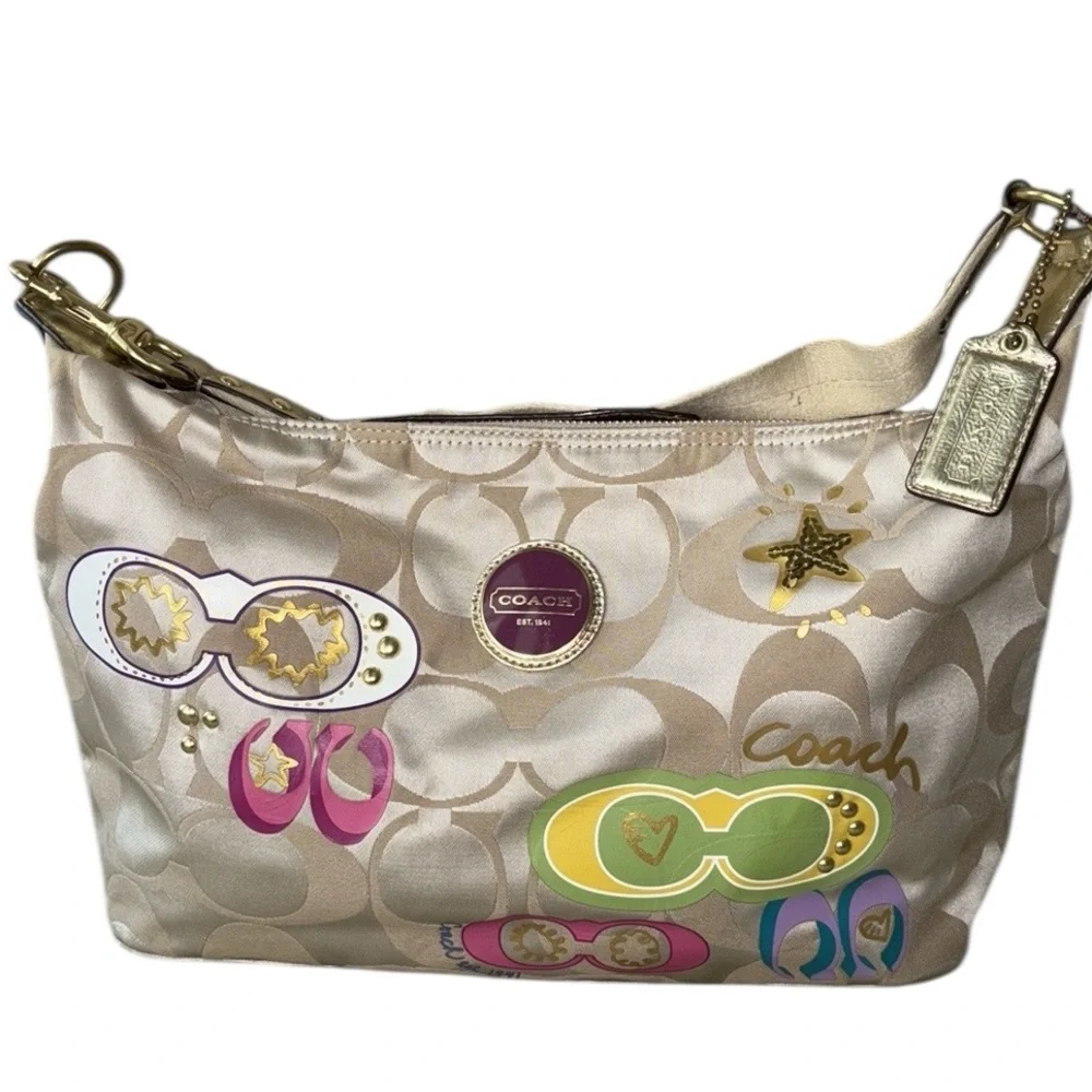 COACH Poppy Khaki Sateen Logo Multicolor Applique Shoulder Hobo Bag - F17586